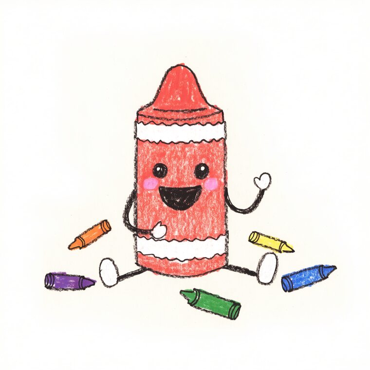 Cray, the CrayonArcade crayon mascot, sitting cross-legged and waving among scattered crayons