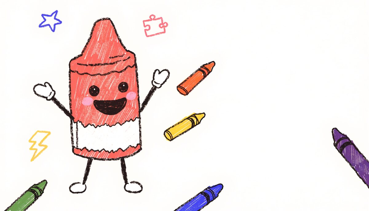 Cray, the CrayonArcade crayon mascot, cheering with arms raised among floating crayons and doodles